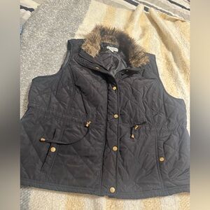 Black Quilted Vest with Faux Fur Collar